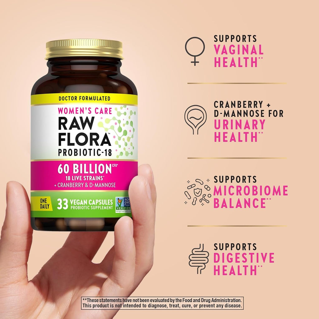 Raw Flora Women'S Probiotics | Dr. Formulated 60 Billion CFU + Prebiotics | Digestive, Vaginal & Urinary Support | 33 Vegan Capsules with Cranberry & D-Mannose | Shelf Stable