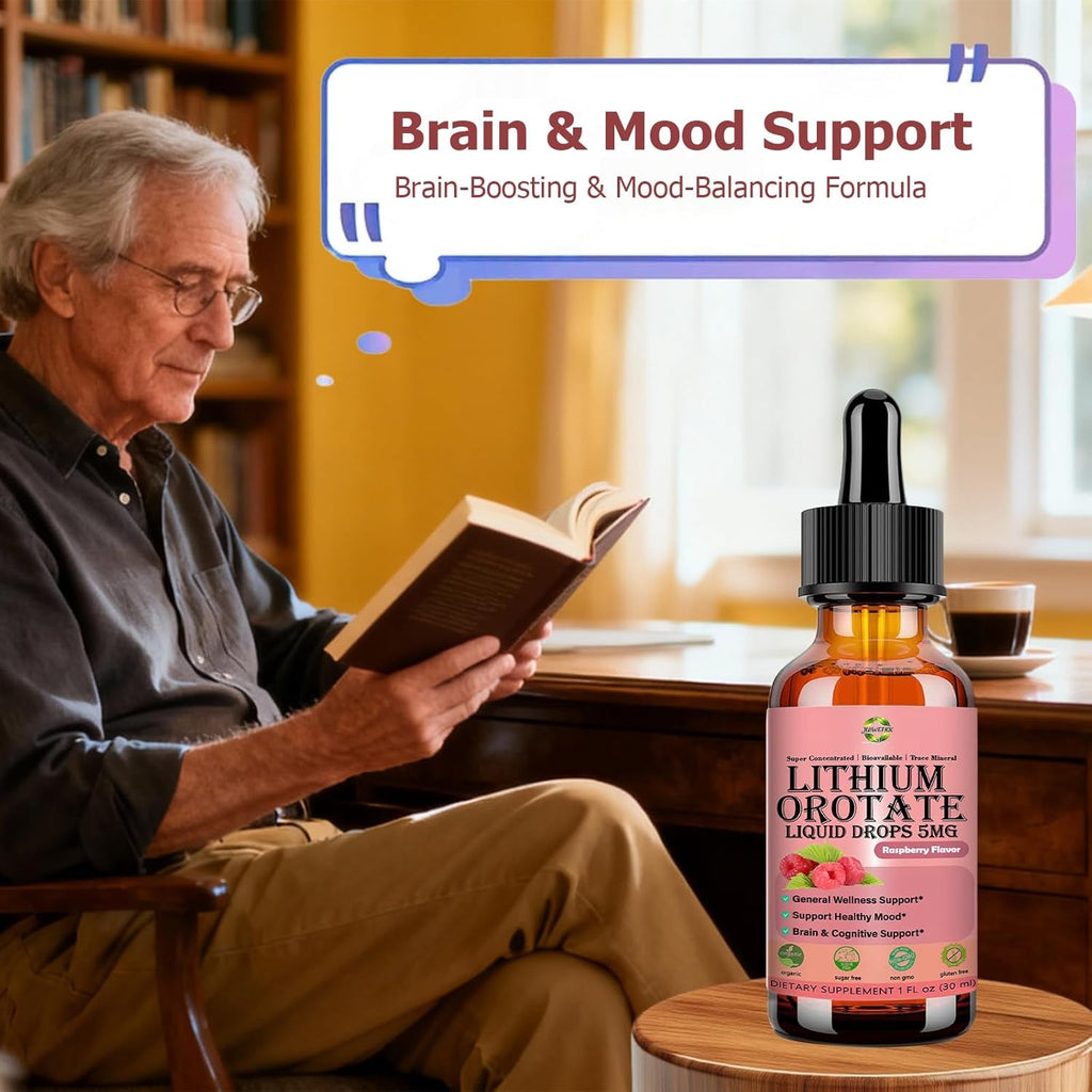 Pure Lithium Orotate Liquid Drops 5Mg, Low Dose Lithium Brain Supplement for Cognitive Memory Mood Behavior, High Bioavailability Liquid Lithium-Orotate Drops for Kids Adults Vegan Non-Gmo