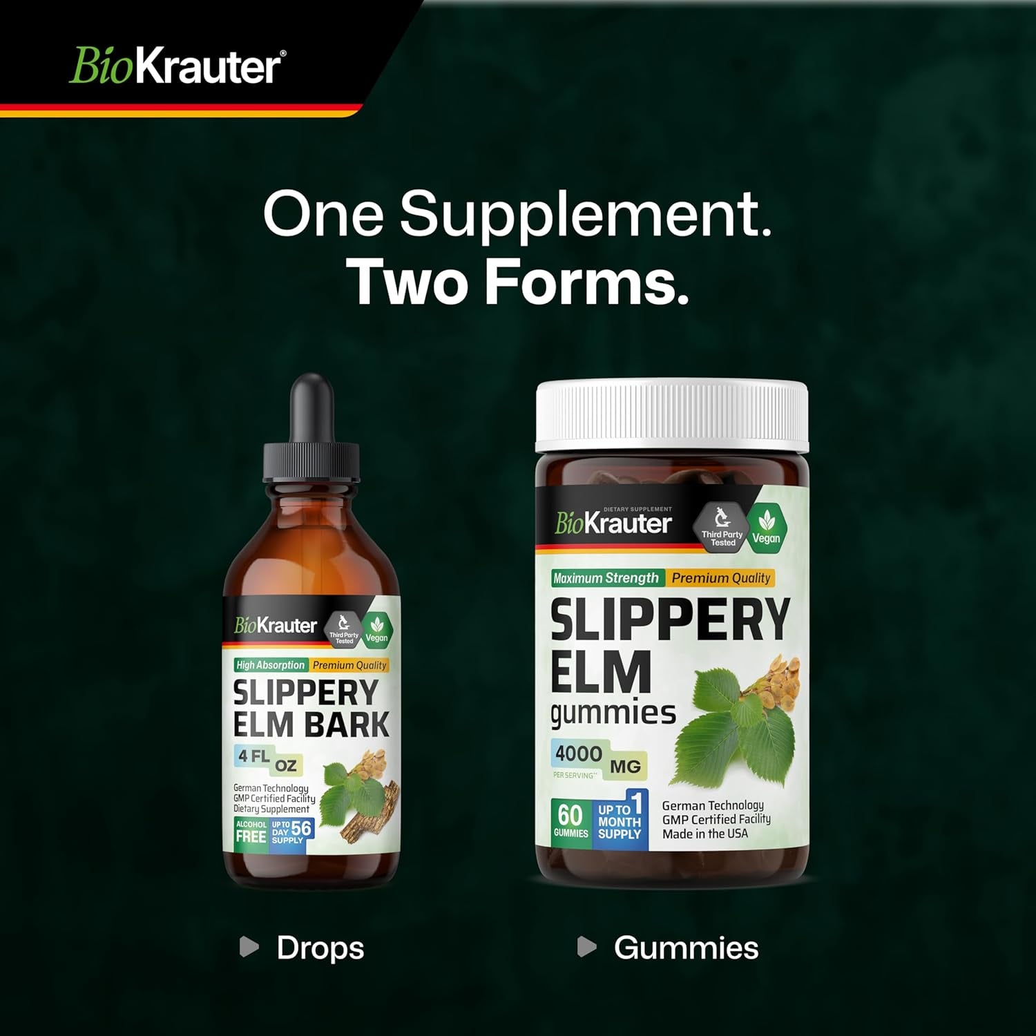 BIO KRAUTER Slippery Elm Bark Tincture - Pure Slippery Elm for Women & Men - 4 Fl.Oz. 56 Days of Supply - Throat & Voice Support - Vegan Liquid Drops for Lungs - Respiratory & Digestive Health