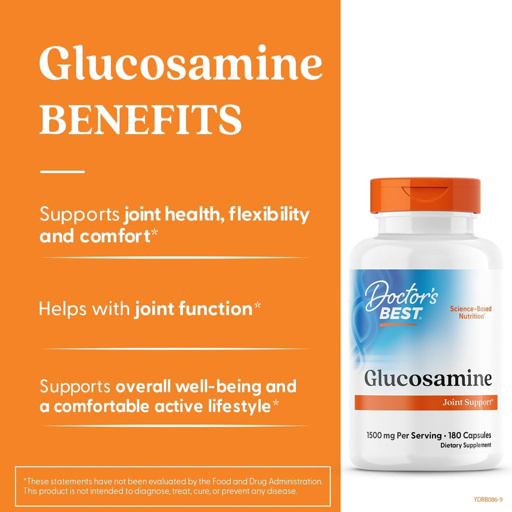 Doctor'S Best Glucosamine Supplement for Men & Women - Glucosamine 1500Mg per 2 Capsules, Joint Health Support for Adults, Gluten Free, Non GMO, Soy Free - 180 Caps