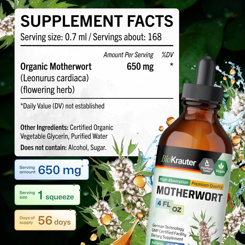 BIO KRAUTER® Perimenopause & Menopause Supplements for Women* - Vegan Motherwort Tincture 4 Fl.Oz 56-Day Supply for Natural Calm & Women'S Wellness - Alcohol & Sugar Free - 650 Mg per Serving
