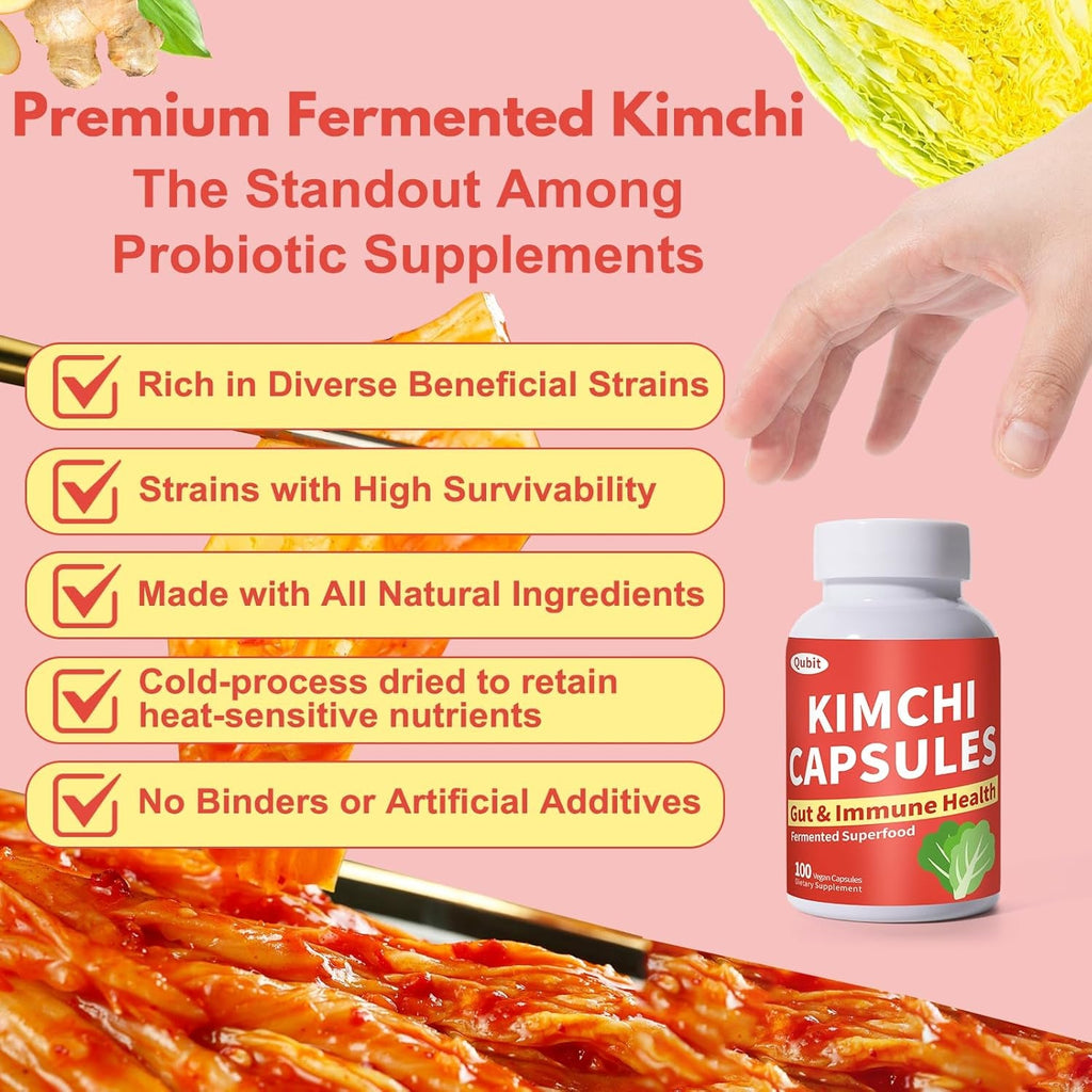 QUBIT Kimchi Capsules, Kimchi Supplement, Supports Gut, Digestive & Fullness, Taste Well, One Capsule of Fermented Superfood for Antioxidant Support, 90 Vegan Capsules, Pills