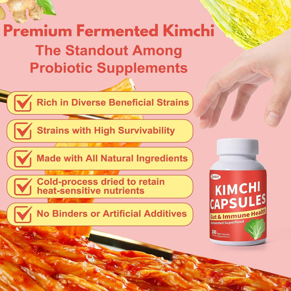 QUBIT Kimchi Capsules, Kimchi Supplement, Supports Gut, Digestive & Fullness, Taste Well, One Capsule of Fermented Superfood for Antioxidant Support, 90 Vegan Capsules, Pills