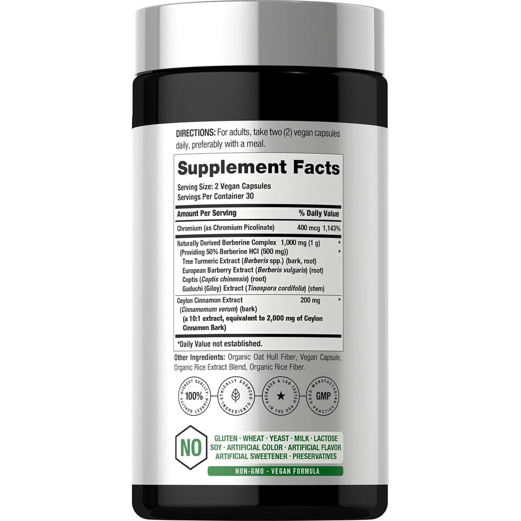 Horbäach Berberine Complex Supplement | 60 Vegan Capsules | with Ceylon Cinnamon & Chromium | Naturally Derived | Non-Gmo, Gluten Free Formula