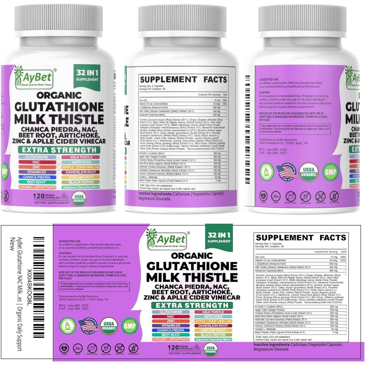 Glutathione NAC Milk Thistle Supplement | Liver Health Support | 32-In-1 Herbal Antioxidant Formula with Chanca Piedra, Turmeric, Dandelion Root, Beet Root & Zinc | Halal Vegan Organic Daily Wellness