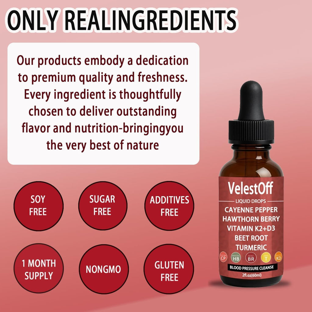 Velestoff Cayenne Pepper & Cayenne Pepper Drops Liquid Supplement with Hawthorn, Beet Root, Turmeric, Vitamin K2 D3