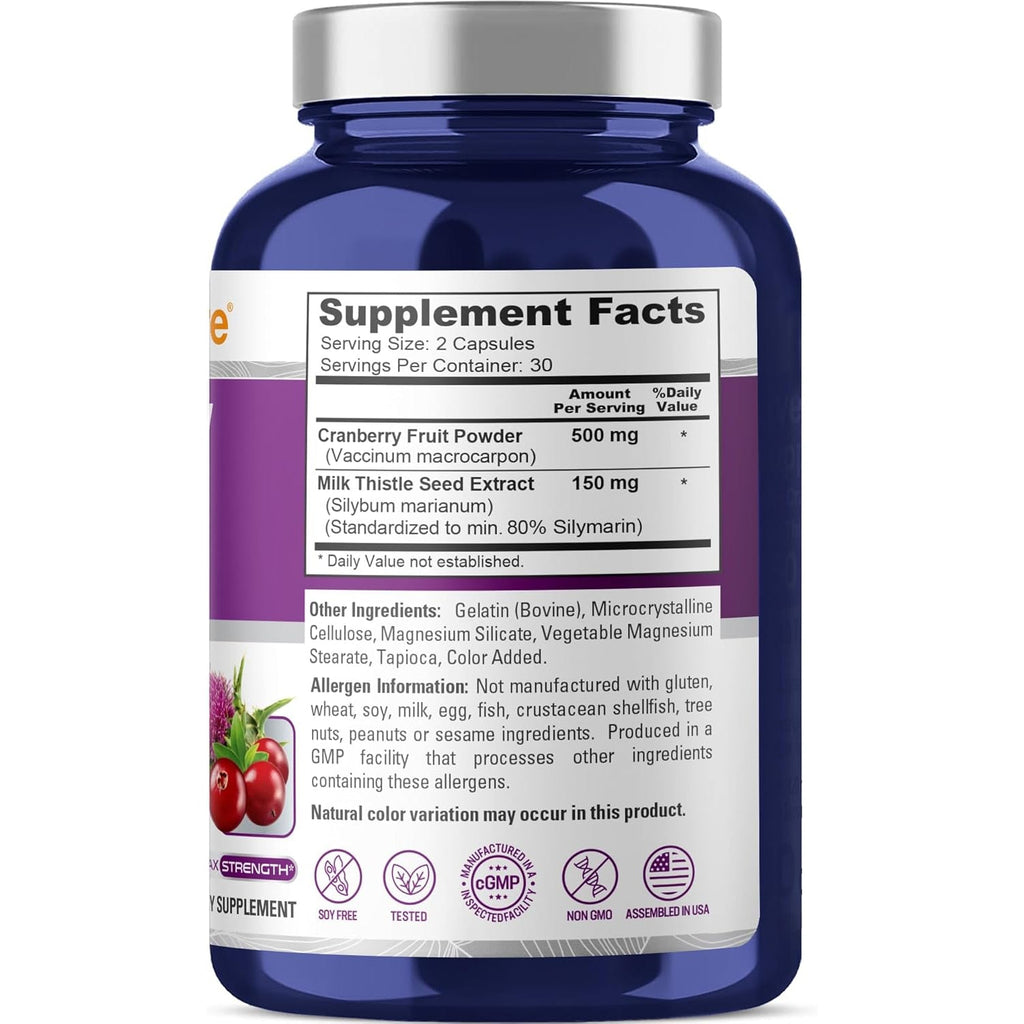Nusapure Liver & Kidney Support with Cranberry Fruit & Milk Thistle Extract 650 Mg 60 Capsules Non-Gmo Soyfree Dietary Supplement
