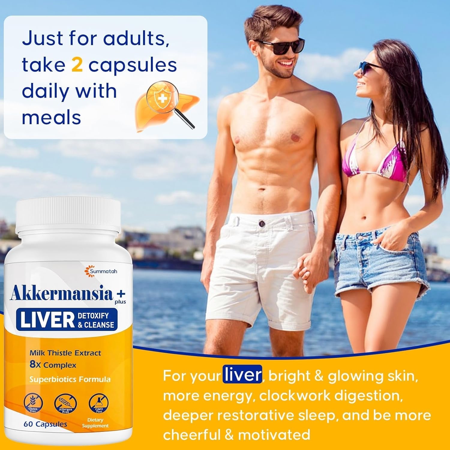 Liver Detoxify Repair & Cleanse, 20 Billion Afu Akkermansia Probiotic with Milk Thistle, Dandelion & Turmeric, 8-In-1 Herbal Formula for Liver Support & Renew, Antioxidant, Gut & Skin Health, 60 Caps
