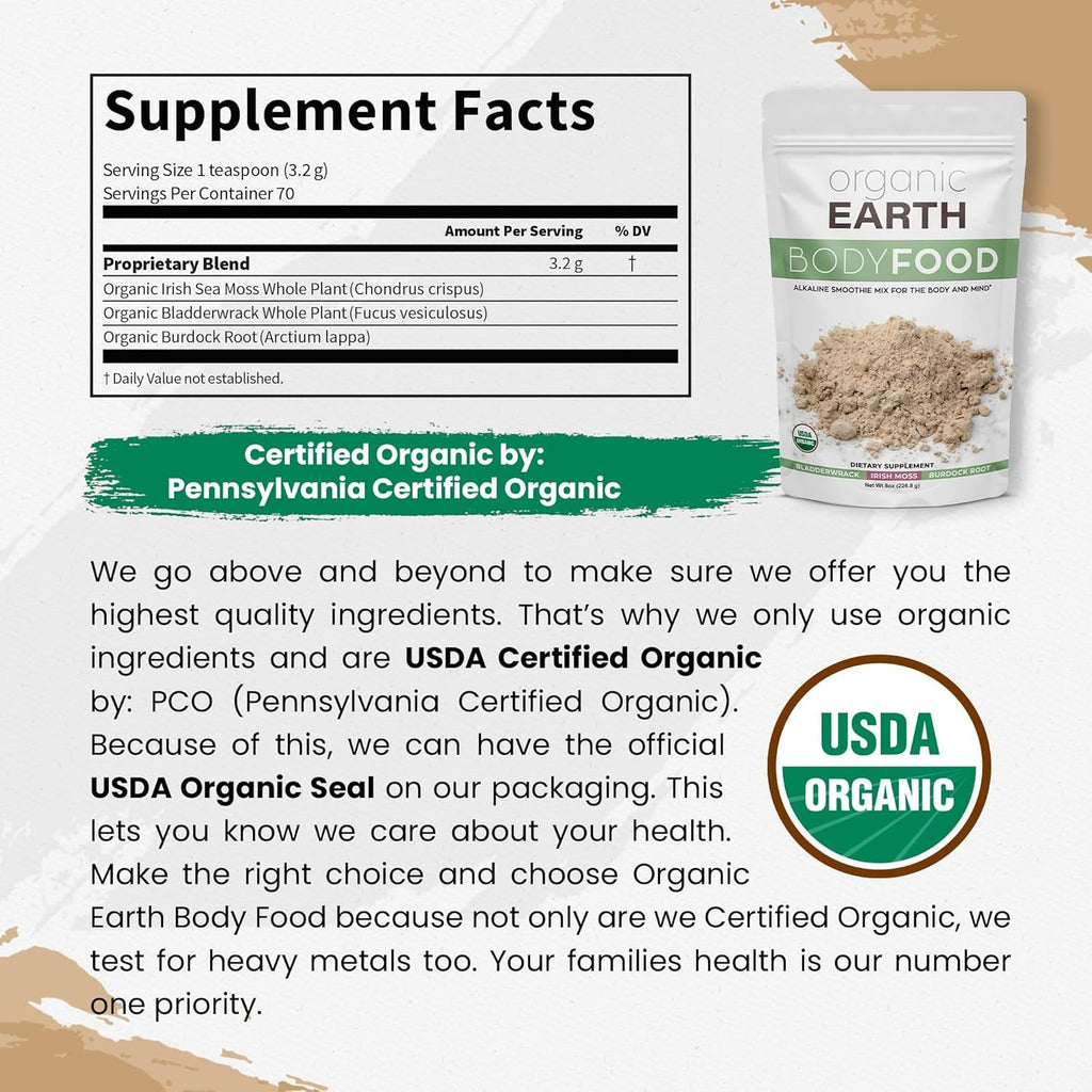 Organic Earth Irish Sea Moss Powder 8Oz - Wildcrafted Sea Moss Organic with Bladderwrack & Burdock Root Powder - Thyroid, Digestion Support & Healthy Skin - USDA Certified Organic