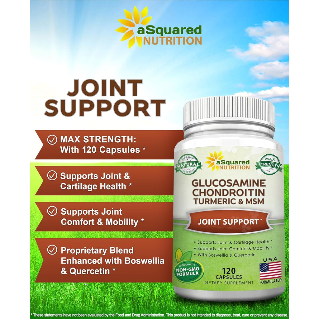 Asquared Nutrition Glucosamine Chondroitin Turmeric MSM Boswellia - 120 Capsules - Joint Support Supplement - Joint Support Relief Pills for Health - Natural Supplement for Back, Knee & Hands
