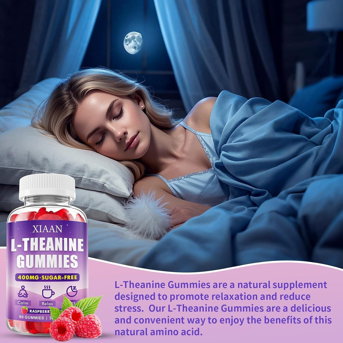 L-Theanine Gummies for Kids & Adults, L'Theanine 400Mg Chewable L Theanine Supplement for Calm, Zzz & Relaxation Support, Vegan, Organic, Raspberry Flavor, 60 Counts