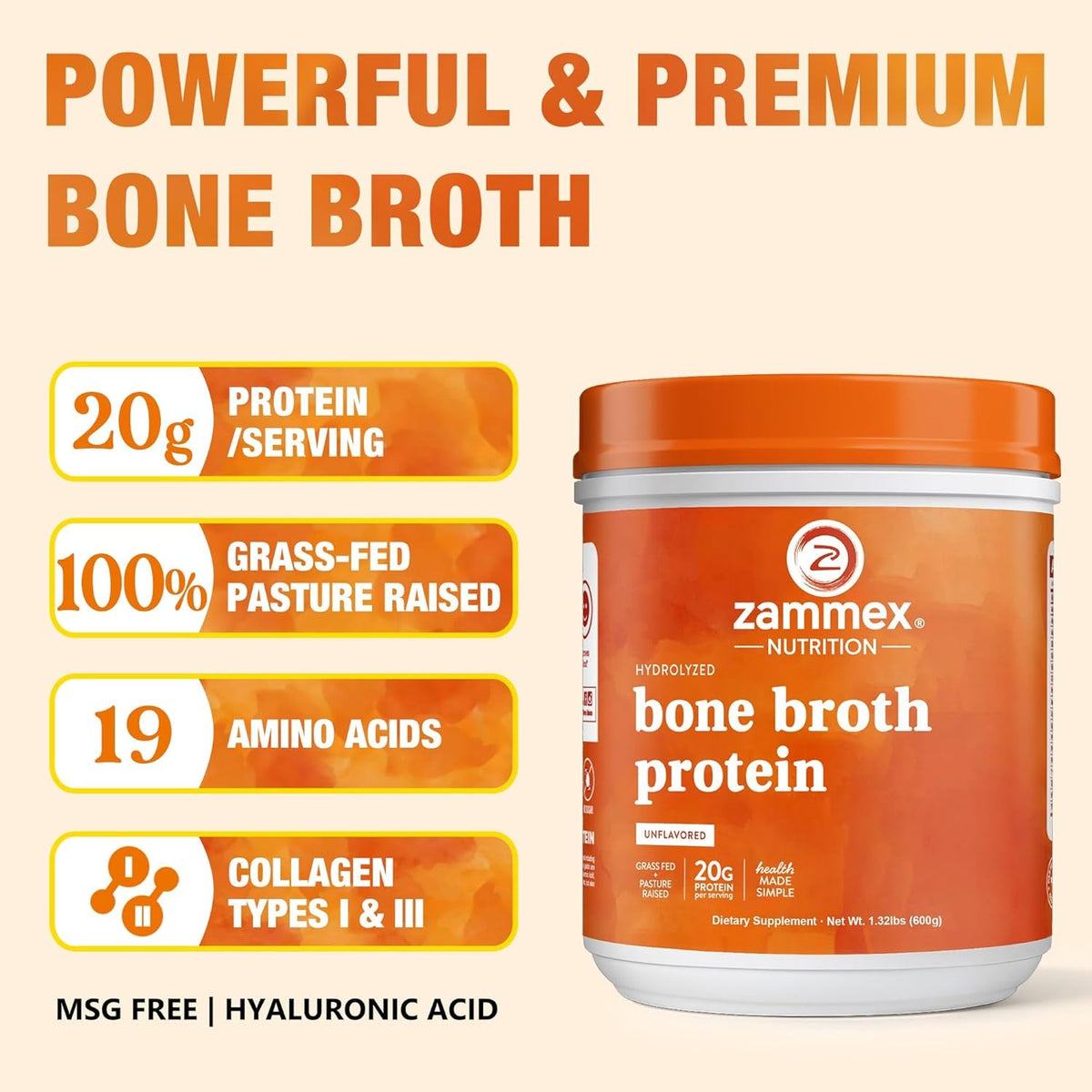 Zammex Pure Grass Fed Beef Bone Broth Protein Powder, 20G Protein, Hydrolyzed Collagen Supplement for Healthy Skin, Nails, Hair, Joints, Non-Gmo, Gluten Free, Paleo & Keto Friendly, Great in Soup