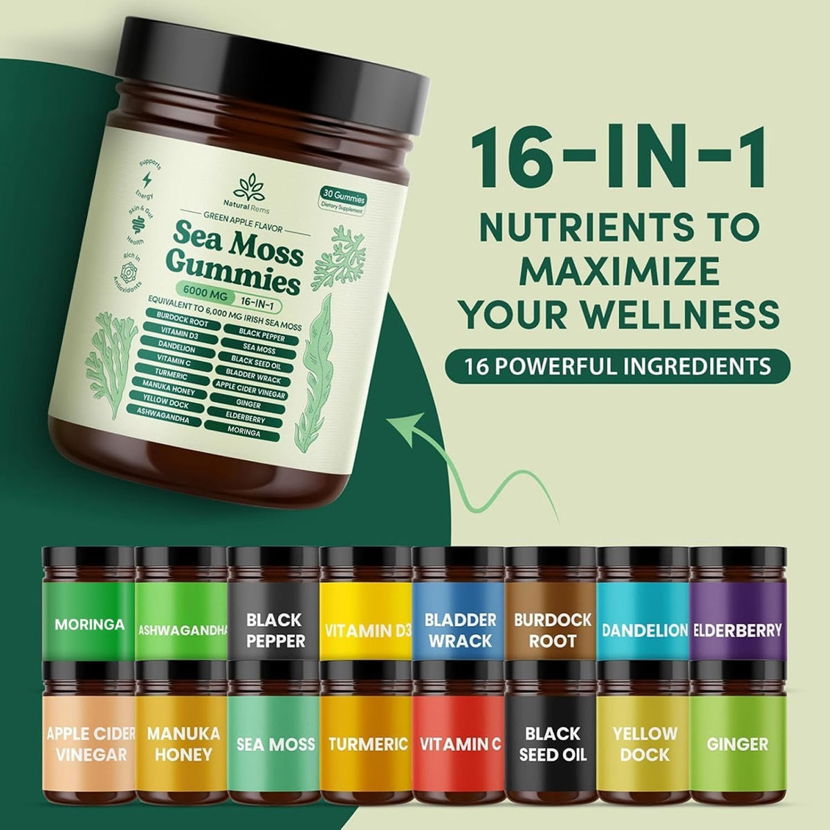 Natural Rems Sea Moss Gummies 16-In-1 - Ashwagandha Black Seed Oil Bladder Wrack Turmeric Vitamin C & D3 with Manuka Burdock Root Dandelion Yellow Dock Elderberry Apple Cider Vinegar (Green Apple)