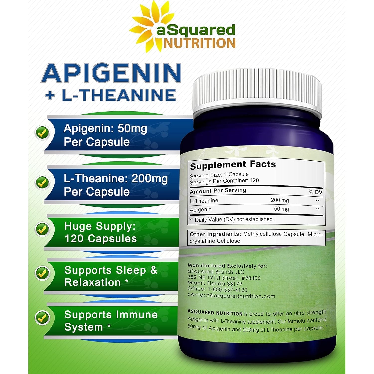 Asquared Nutrition Apigenin 50Mg & L-Theanine 200Mg - 120 Capsules - Apigenin Supplement Pills for Sleep and Relaxation - Natural Bioflavonoid Extract Found in Chamomile Tea