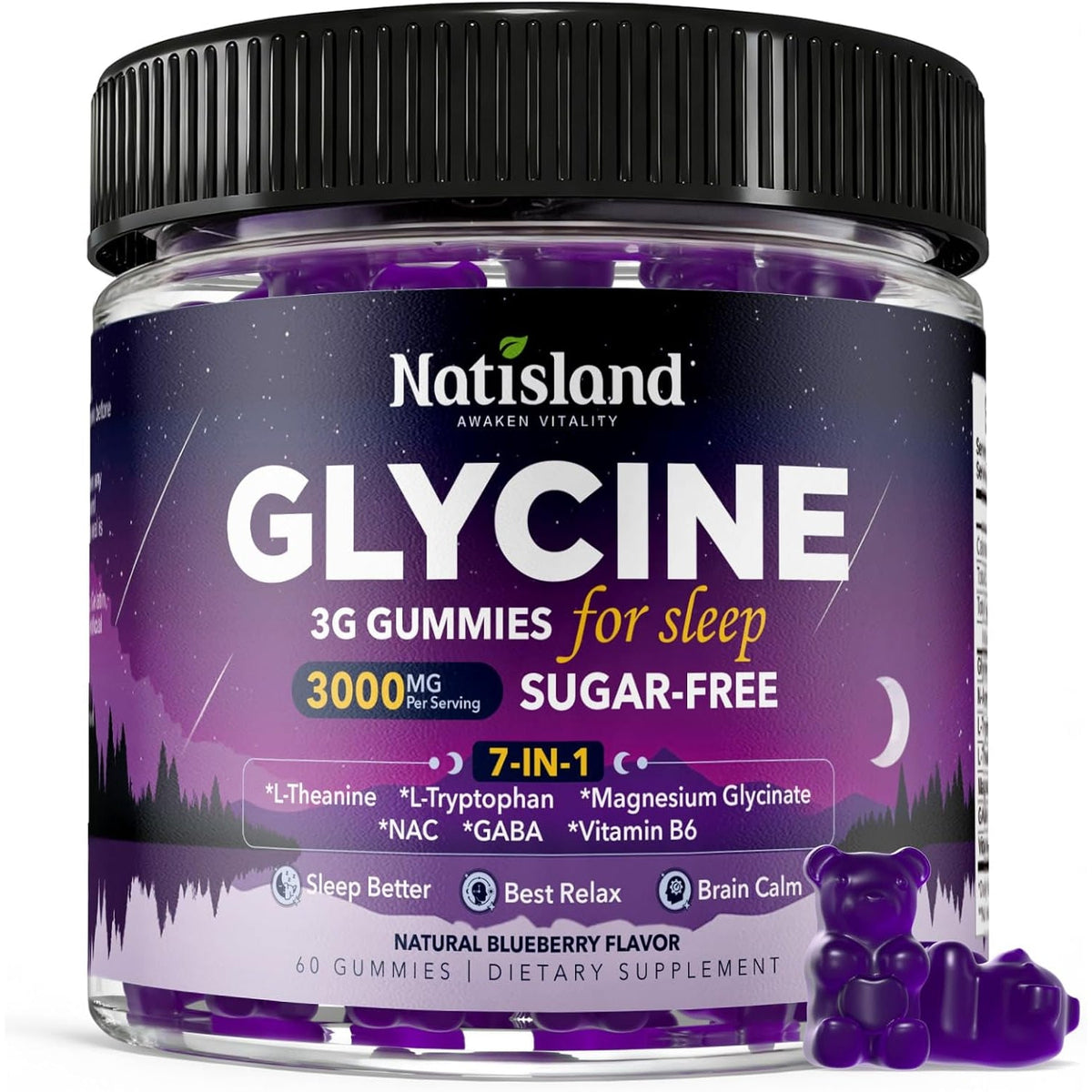 Glycine Gummies for Sleep, Glycine 3G Supplements with NAC, Magnesium Glycinate, L-Theanine, GABA, L Tryptophan, B6 for Relax, Nerve & Brain, Melatonin Free, Sugar Free, Vegan, Blueberry Flavor, 60 Ct