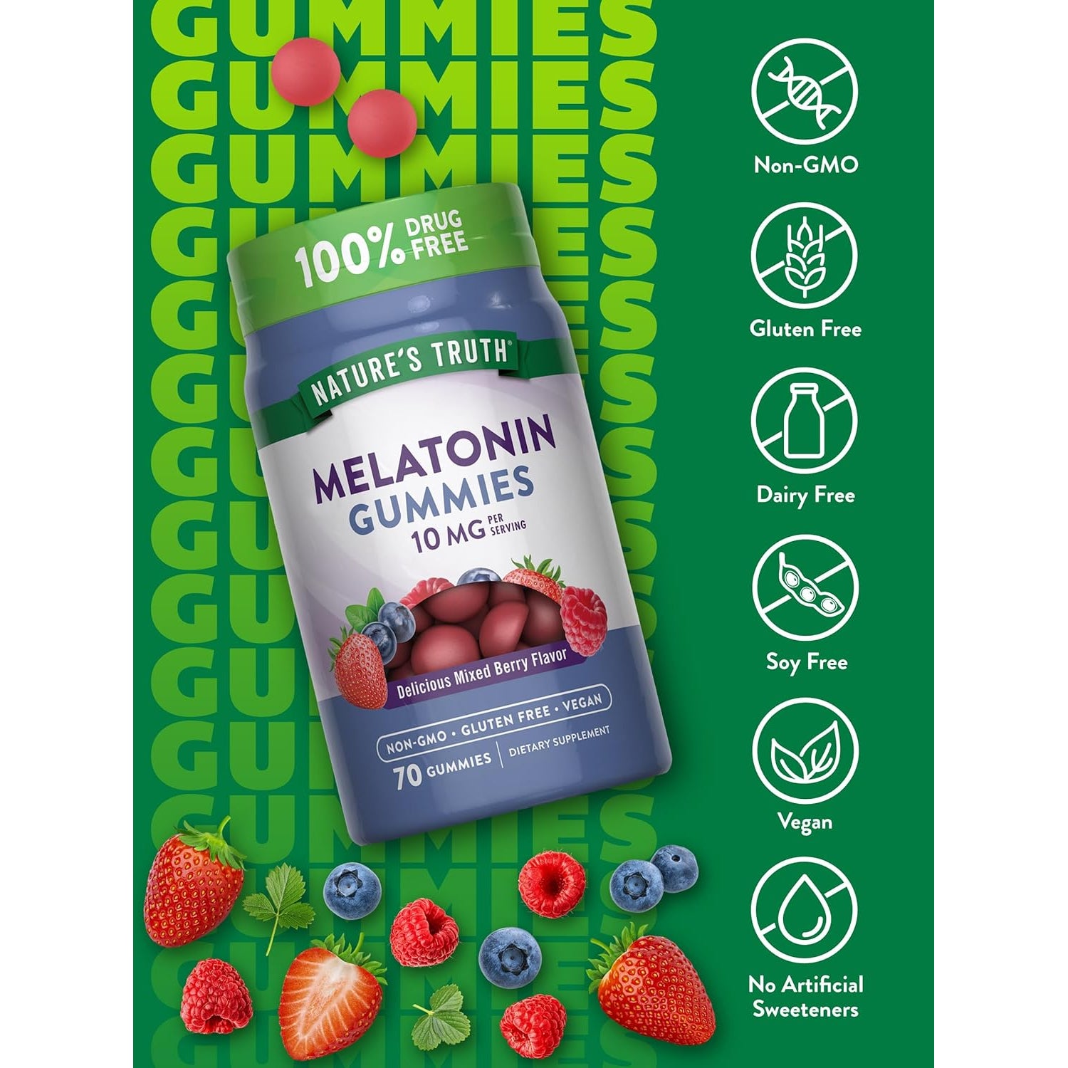 Nature'S Truth Melatonin 10Mg Gummies | 70 Count | Berry Flavor | Vegan, Non-Gmo, and Gluten Free Supplement