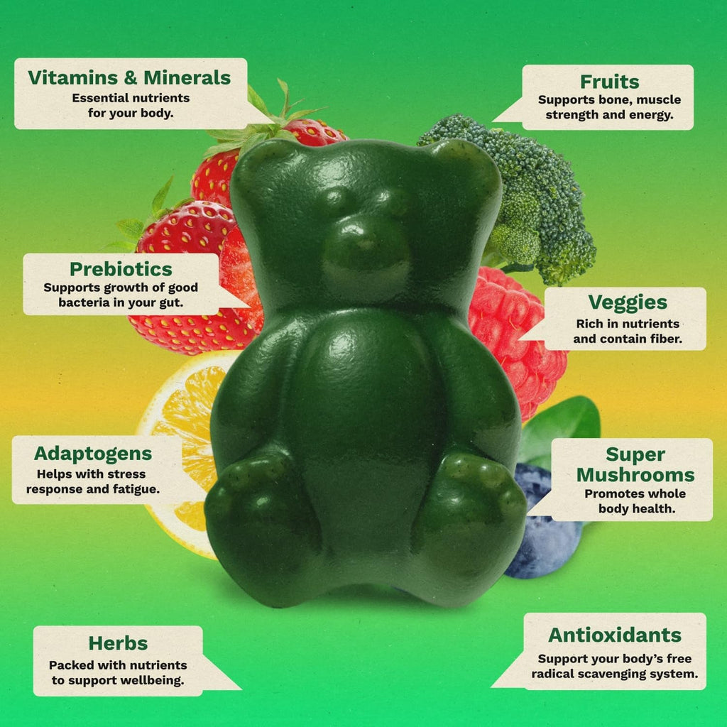 Gruns Adult Super Greens Multivitamin Gummies, Superfood Gummy Vitamins for Women and Men with Spirulina, Chlorella, Adaptogens & Prebiotic Fiber for Digestive Health (28 Count)
