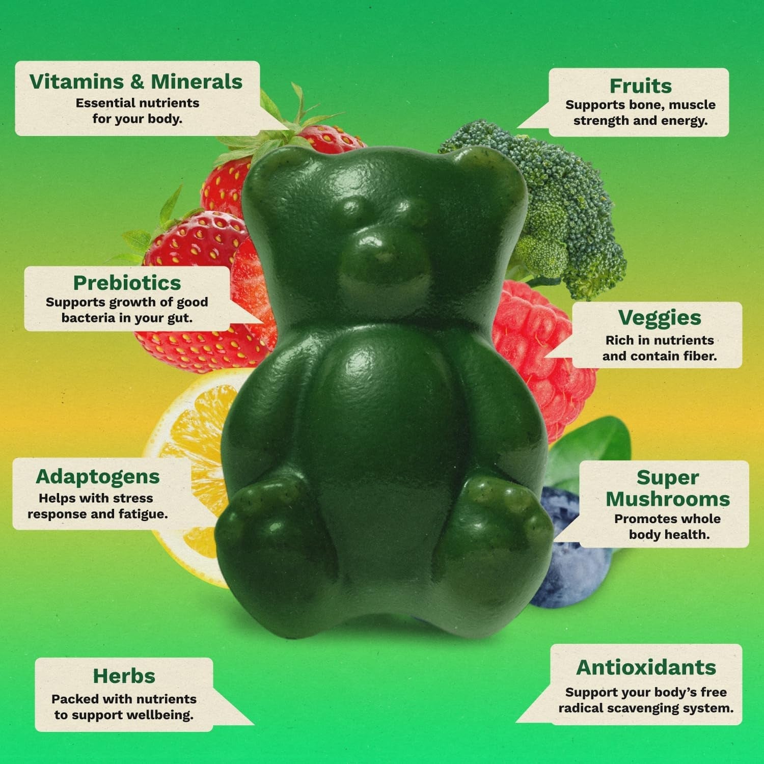 Gruns Adult Super Greens Multivitamin Gummies, Superfood Gummy Vitamins for Women and Men with Spirulina, Chlorella, Adaptogens & Prebiotic Fiber for Digestive Health (28 Count)