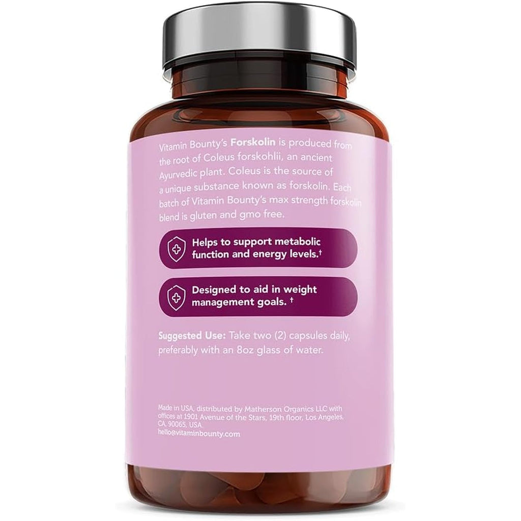 Vitamin Bounty Forskolin Maximum Strength for Weight Loss - Natural Coleus Forskohlii Root Extract Supplement - 20% Standardized Forskolin Powder - Weight Management Support - 60 Capsules