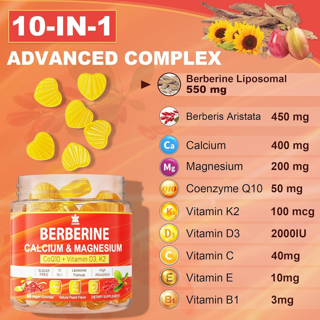LILICARE Berberine Gummies Sugar Free, Extra Absorption with Liposomal Berberine & Berberine HCI, Calcium, Magnesium, AMPK Activitor for Sugar & Level, Energy, Metabolism,Vegan, Pack of 1