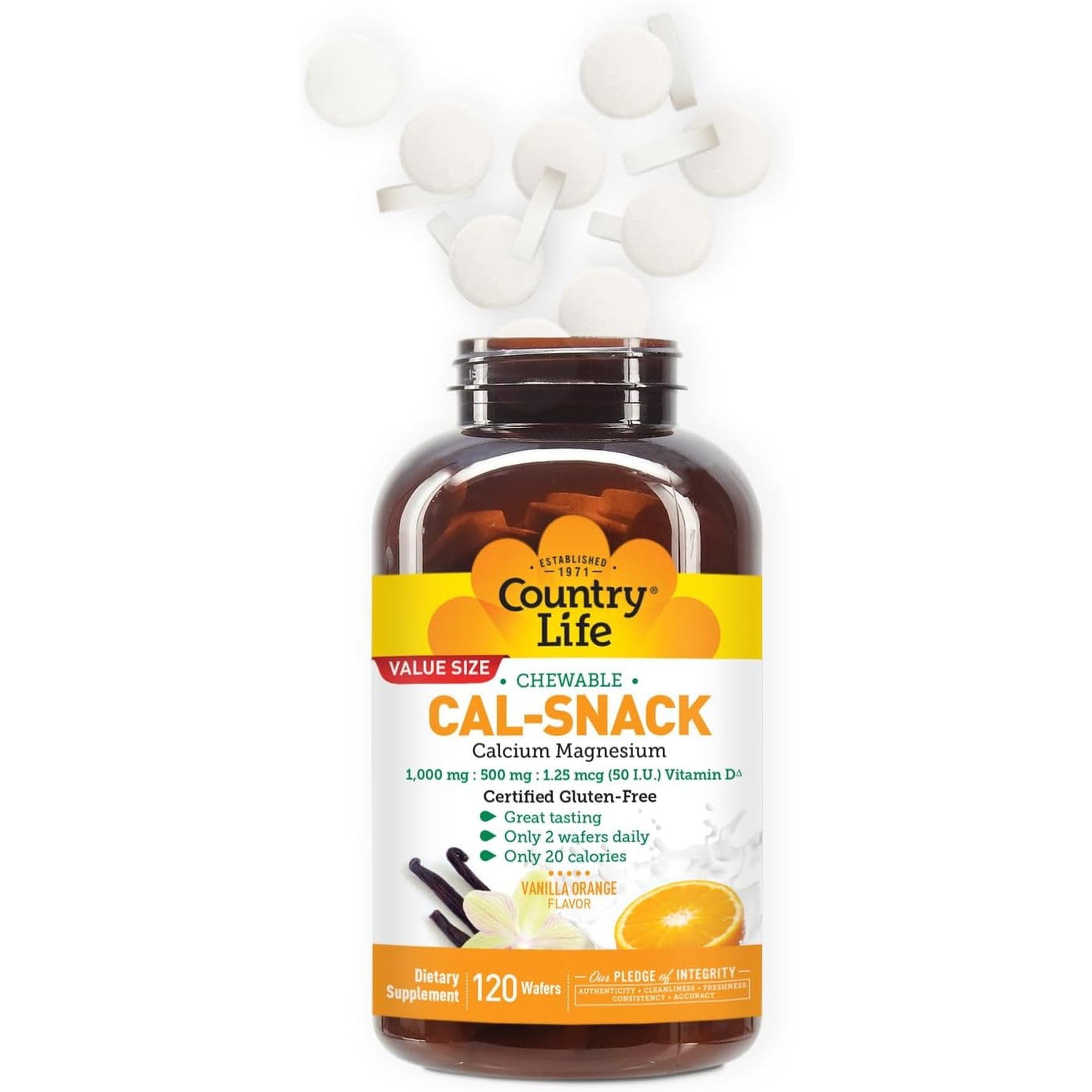Country Life Cal-Snack - Chewable Calcium Magnesium Supplement Wafers with Vitamin D3, Easy to Digest, Vanilla Orange Flavor, Dietary Supplement