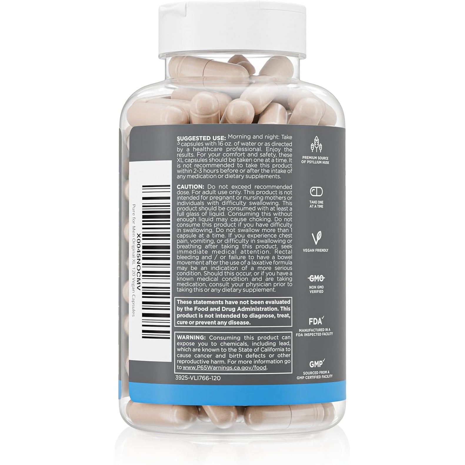 Pure for Men Stay Ready Fiber Extra Strength Supplement | Digestive Regularity | Bowel Movement & Gut Health Support | Vegan Cleanliness | Proprietary Formula | 120 Vegan XL Capsules