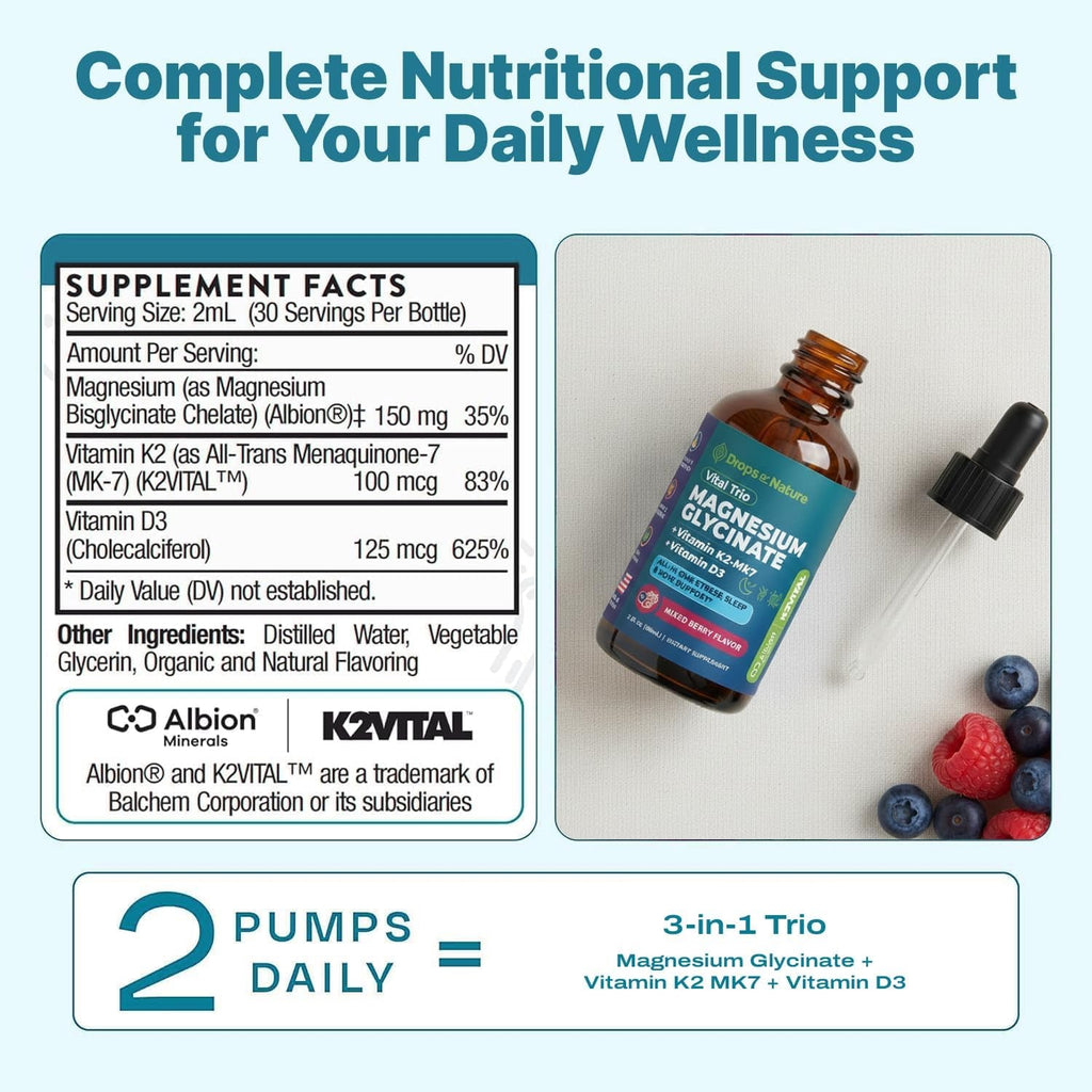 Magnesium Glycinate, Vitamin K2 & D3 Supplement – Vegan, Gmo-Free – VIT D MK7 K2 Vitamin Supplement & Magnesium Blend – with Nutrients for Bone, Sleep & Daily Relaxation Support (Mixed Berry, 60 Ml)