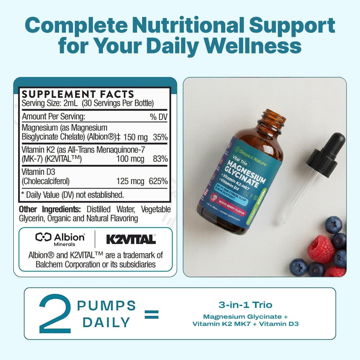 Magnesium Glycinate, Vitamin K2 & D3 Supplement – Vegan, Gmo-Free – VIT D MK7 K2 Vitamin Supplement & Magnesium Blend – with Nutrients for Bone, Sleep & Daily Relaxation Support (Mixed Berry, 60 Ml)