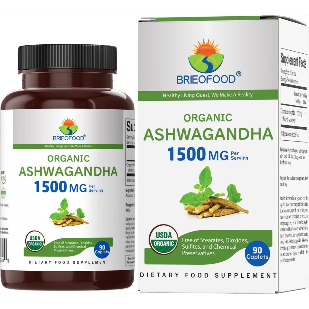 Brieofood Organic Ashwagandha 1500Mg, 45 Servings, Vegetarian, Gluten Free, 90 Vegetarian Tablets