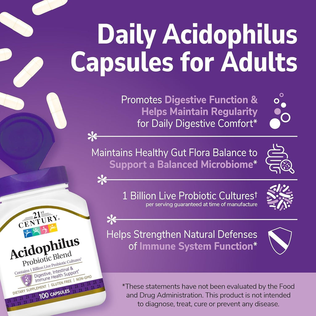 21St Century Acidophilus Probiotic Blend Capsules (100 Count), Daily Probiotic Supplement with Lactobacillus Acidophilus, Supports Digestive Health & Immune System, Non-Gmo, Gluten-Free