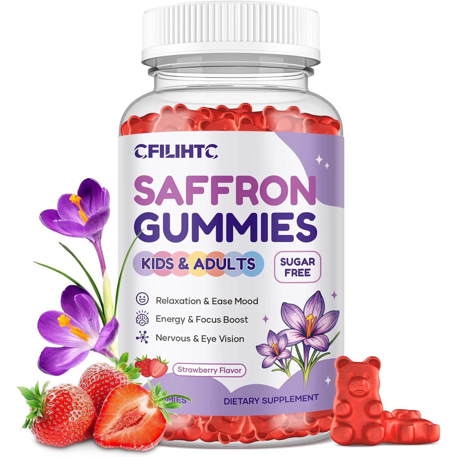 Saffron Gummies for Kids & Adults, 20-In-1 Saffron Supplements with 88.5Mg Saffron Extract, B6, B12, C, D3, Magnesium for Calm, Focus, Nerve, Sugar Free, Vegan, Non-Gmo - Strawberry Flavor, 60 Counts