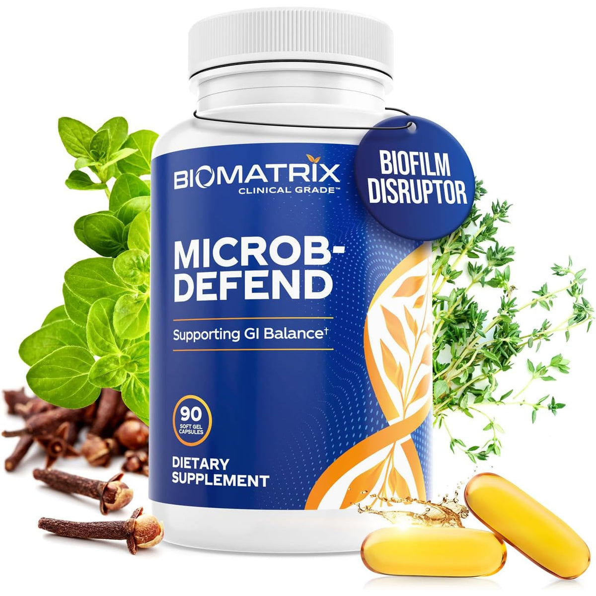 Biomatrix Biofilm Disruptor, GI Repair Digestive Supplement for Men and Women, Oil of Thyme, Oregano & Clove, Gut Microbiome & Intestinal Health Support | Microb-Defend (90 Softgels)