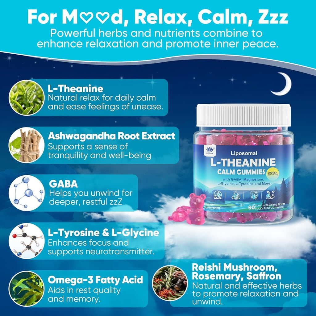 L Theanine Calm Gummies 500Mg, Sugar-Free Liposomal L-Theanine Supplement, W/Safforn, Magnesium Glycinate, GABA, Ashwagandha, Algae Omega-3, Vitamin D3 B12, for Brain Calm, Relax, Mood, Zzz, 120Cts