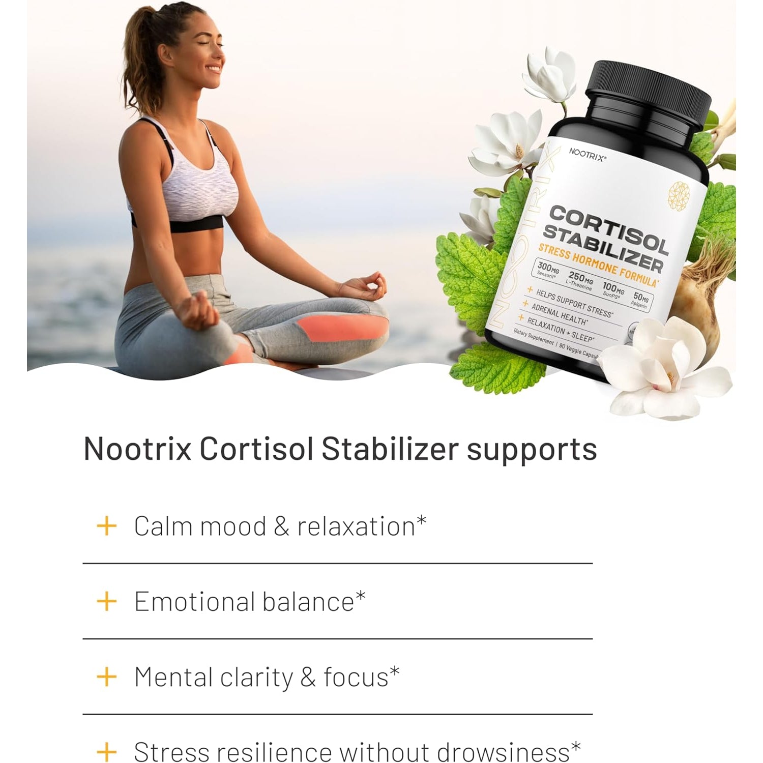 Nootrix Cortisol Manager & Stabilizer Supplement | Supports Deep Sleep, Relaxation, Adrenal Health & Stress | 300Mg Ashwagandha | L-Theanine, Rhodiola Rosea Extract & Apigenin | 90 Capsules