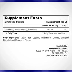 Centella Asiatica 500 Mg 60 Capsules by Natural Systems - Gotu Kola Herb Moisturizer for Your Skin - Extract Also Beneficial for Calming Mind Tiredness