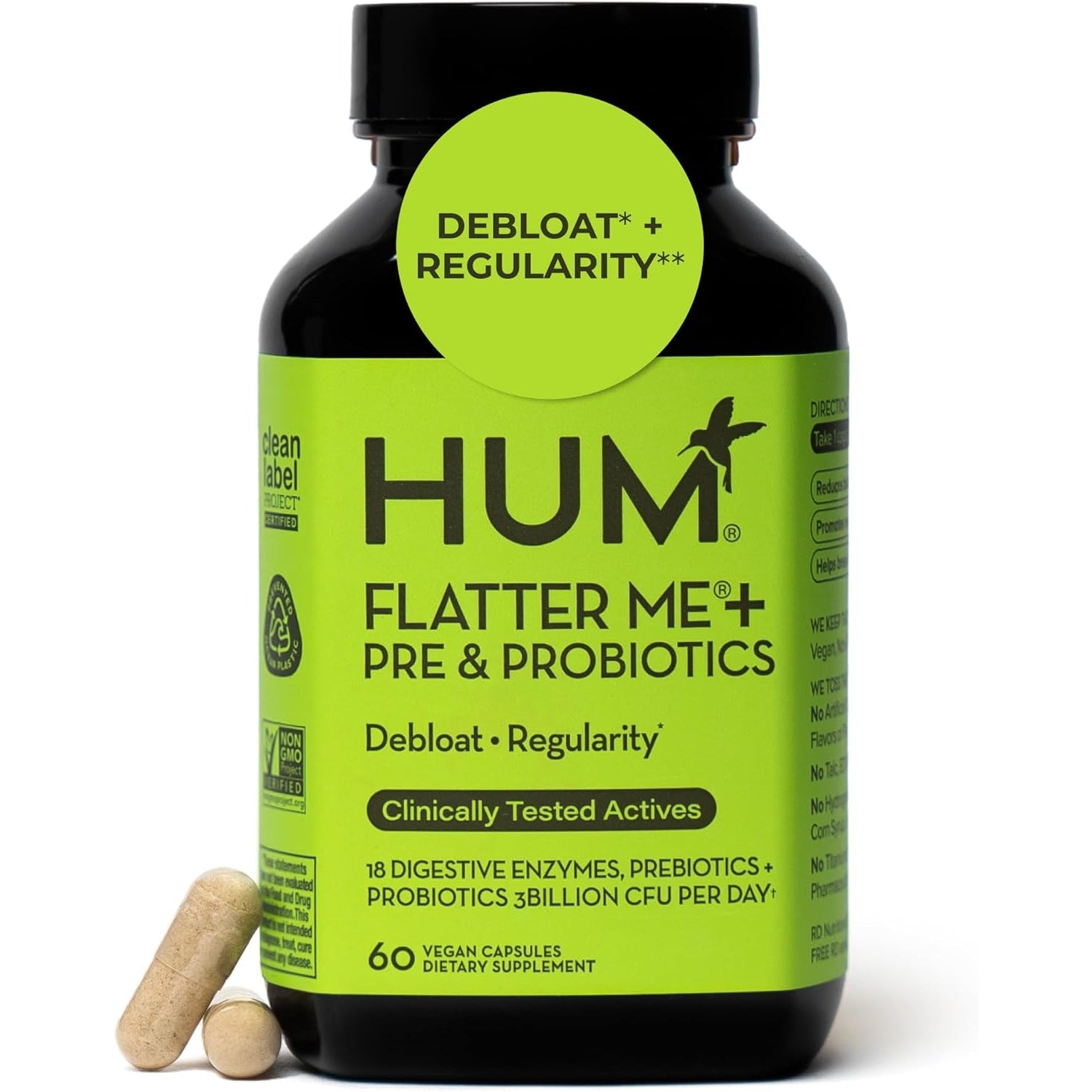 HUM Flatter Me Digestive Enzymes plus Prebiotics & Probiotics, Digestive Health Bloating Supplement for Women & Men, Fast Acting anti Bloat Pills Multi Enzyme for Debloating, Vegan, 60 Capsules