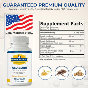 Simple Promise Puraburn™ - Herbal Wellness Supplement with Organic Irish Sea Moss, Bladderwrack & Burdock Root - Supports Digestive Health & Nutrient Absorption - 60 Capsules