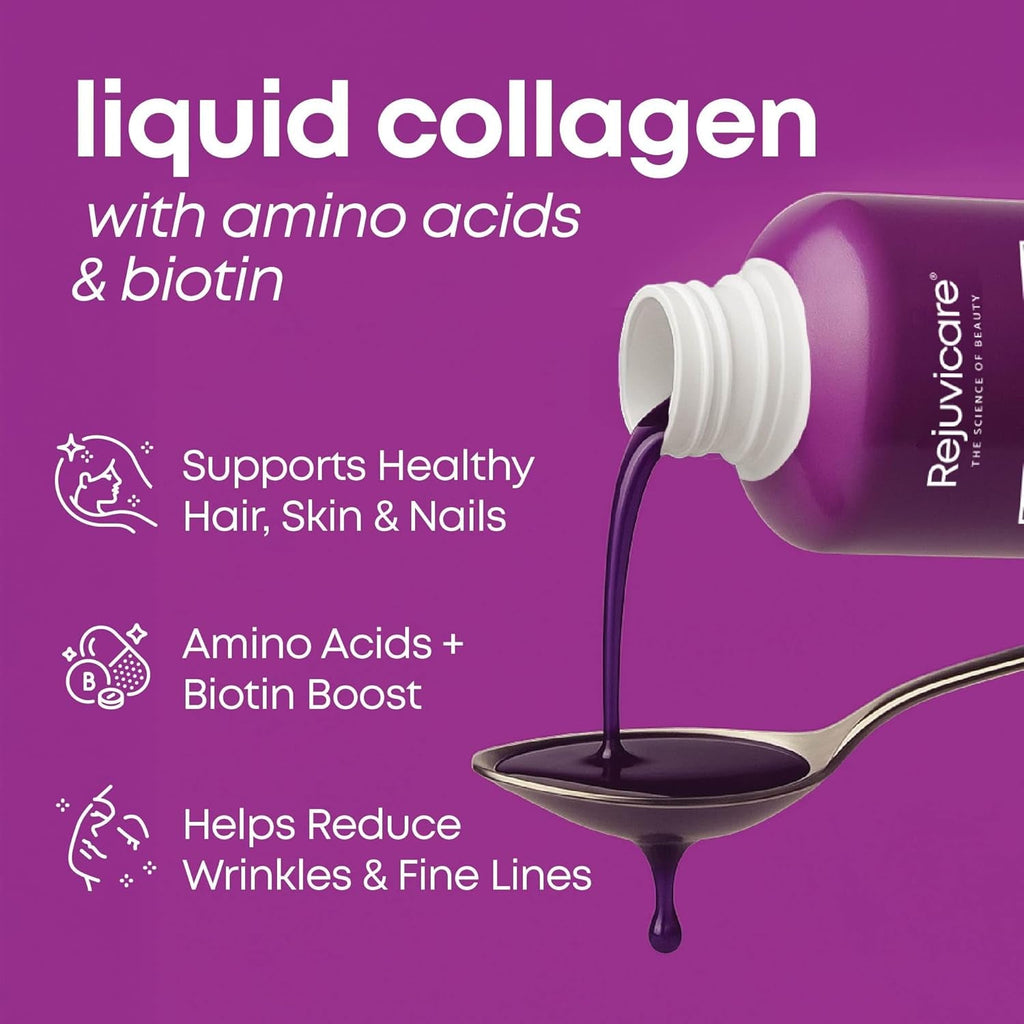 Rejuvicare Liquid Collagen Beauty Formula with Amino Acids, Protein and Biotin, Delicious Grape Flavor, Purple 16 Oz ,32 Servings