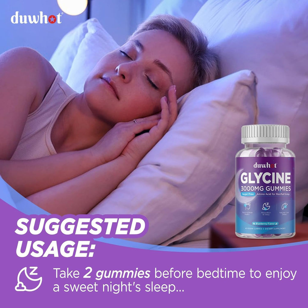 Duwhot Glycine Gummies, 3G(3000 Mg) Glycine Supplements for Sleep, Detox, Relax, Nerve Support, Blueberry Flavor, Sugar-Free, Vegan, Non-Gmo, Gluten-Free, 60 Ct.