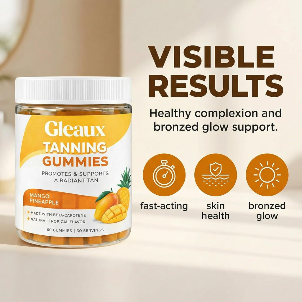 Gleaux Tanning Gummies, Tanning Gummies for Women, Sunless Radiance Support with Beta Carotene, Astaxanthin & Lycopene, for Skin Health & Complexion Support, Mango Pineapple Flavor, 60 Gummies
