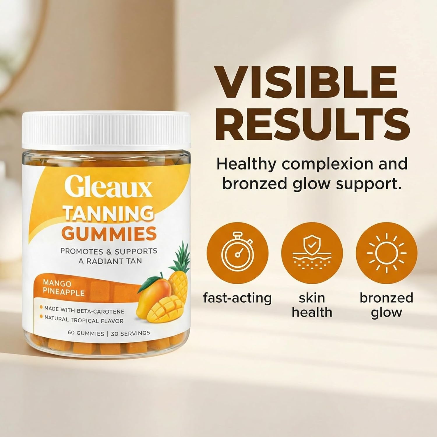 Gleaux Tanning Gummies, Tanning Gummies for Women, Sunless Radiance Support with Beta Carotene, Astaxanthin & Lycopene, for Skin Health & Complexion Support, Mango Pineapple Flavor, 60 Gummies