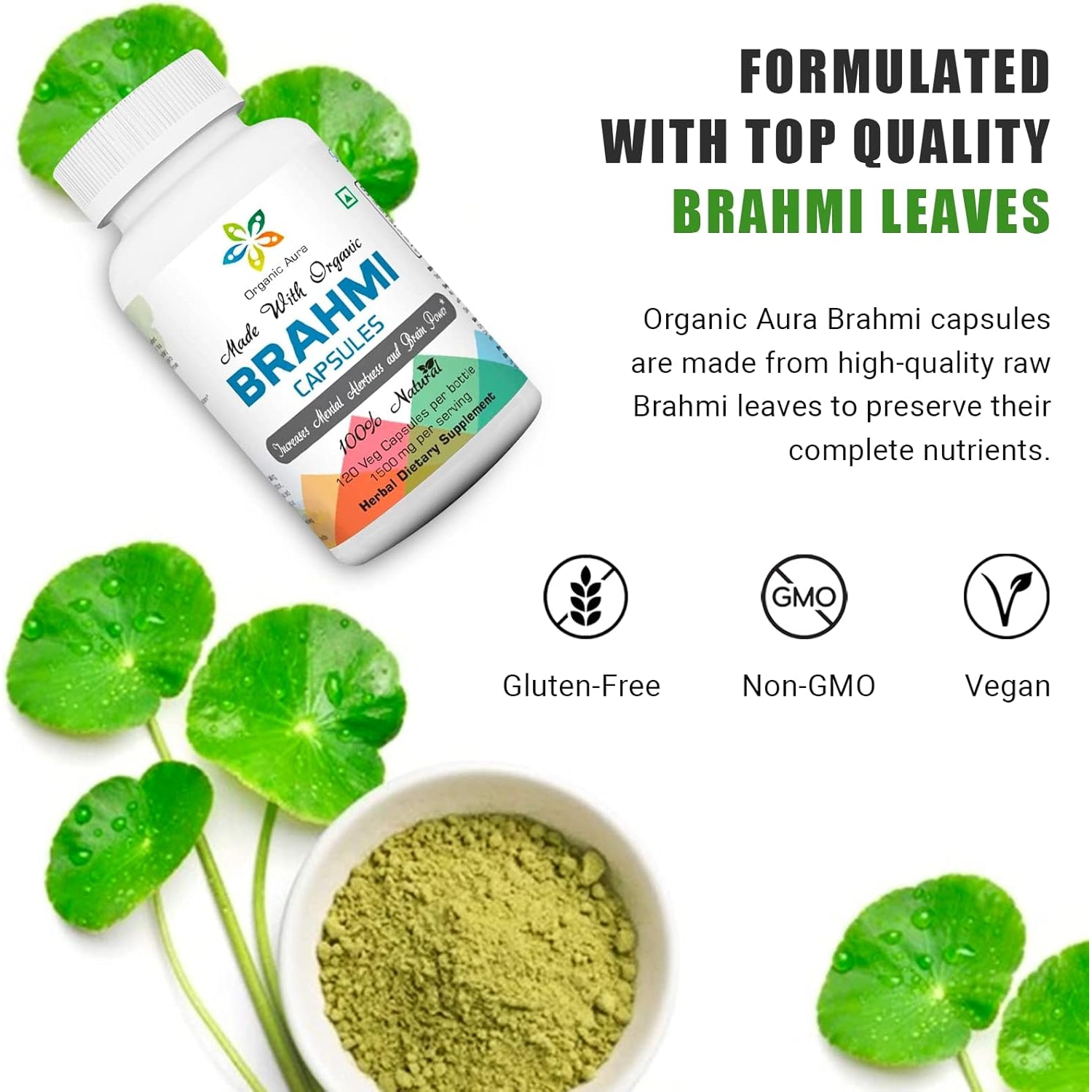 Organic Aura Brahmi Capsules -120 Count. Naturally Strengthens and Boosts Immunity and Memory. Whole Green Superfood. Non GMO - Gluten Free.