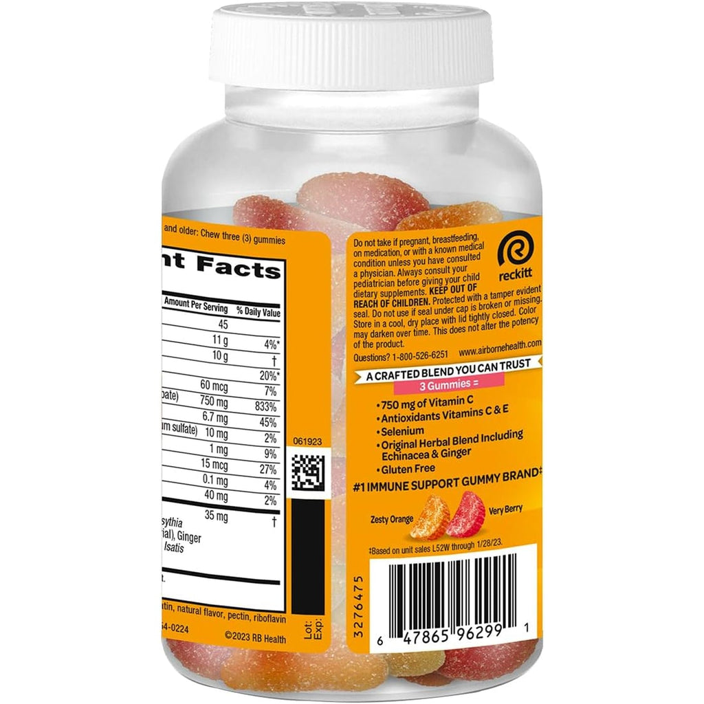 Airborne Immune Support Gummies, Assorted Fruit Flavor, 63 Ct - 750 Mg Vitamin C + Vitamins A, D & E + Zinc, Selenium, and Manganese | with Herbal Blend | Naturally Flavored