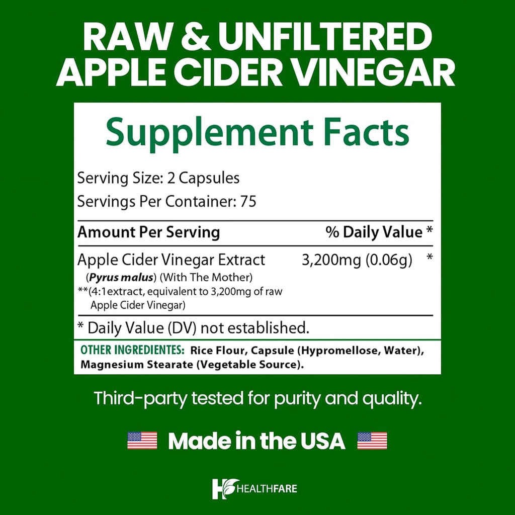 Healthfare Apple Cider Vinegar Capsules with the Mother | 3200Mg Raw, Organic & Unfiltered ACV | 150 Vegan Pills | Maximum Strength Supplement for Detox & Digestion | Non-Gmo, Gluten-Free, Made in USA
