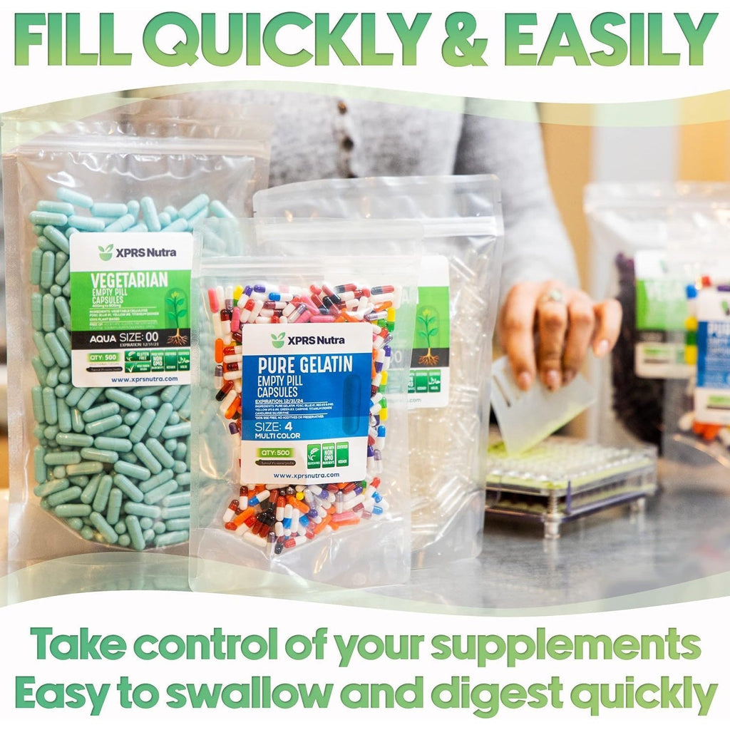 XPRS Nutra Size 0 Clear Empty Gelatin Capsules 1000 Count - Kosher and Halal - Pure Gelatin Pill Capsule - DIY Powder Filling - Fillable Gel Caps Pills for Do It Yourself Supplements