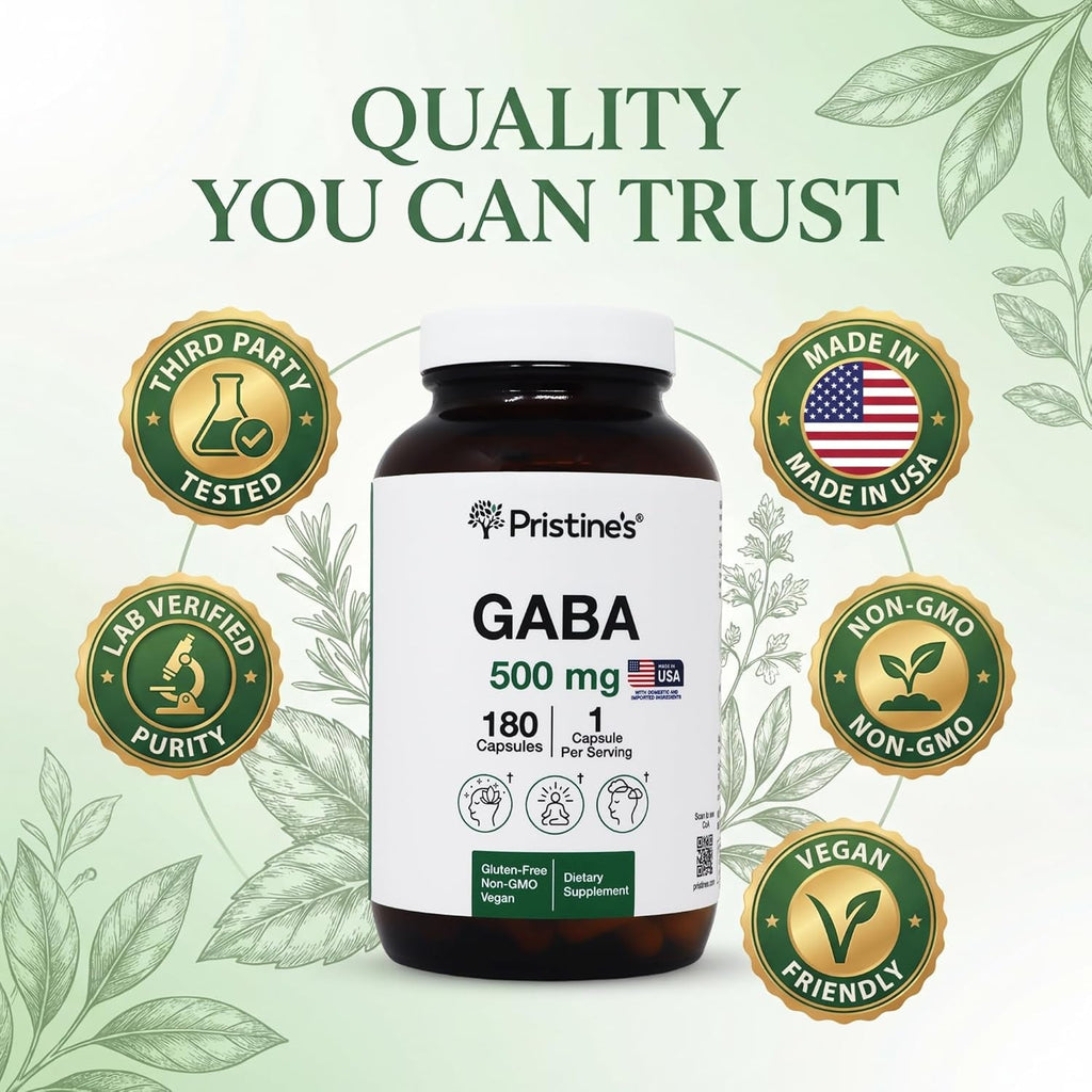 PRISTINE'S GABA 500Mg Sleep Quality Support Supplement - 180 Day Supply - Calm Mind & Relaxation Sleep Support Capsules Glass Bottle