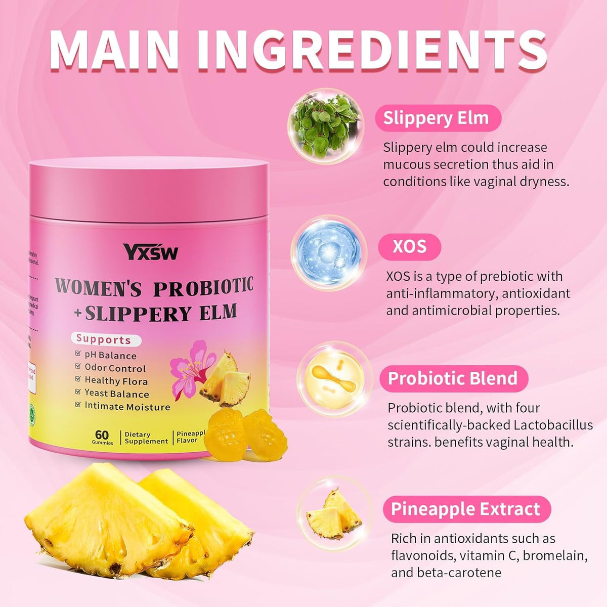 Women'S Probiotics Slippery Elm Gummies, Sugar-Free Feminine Probiotics Gummies Support Ph Balance, Gut Health & Immune System, Pineapple Flavor, 60 Count