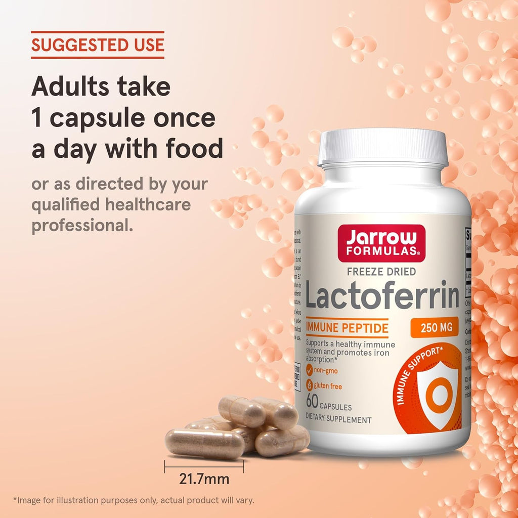 Jarrow Formulas Lactoferrin Supplements 250 Mg - Immune-Supporting Glycoprotein for Healthy Immune System Support & Iron Absorption - Freeze Dried, Gluten Free, Non-Gmo - 60 Capsules (Servings)