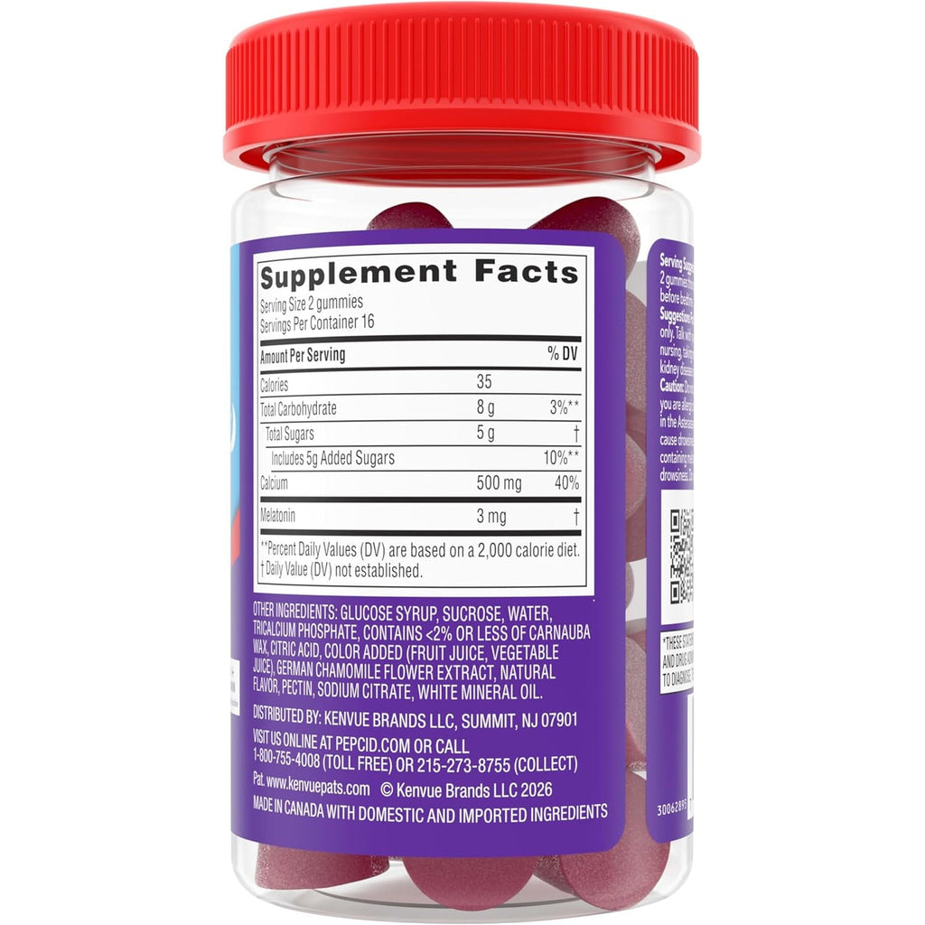 Pepcid Soothing Gummies, Heartburn Relief + Sleep Support Gummies Help Occasional Heartburn, Upset Stomach, Acid Indigestion + Sleeplessness, Calcium & Melatonin, Strawberry, 32 Ct