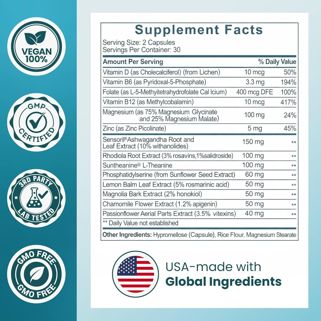 Omnicalm Cortisol Supplements for Women & Men | Cortisol Reducer & Manager with Sensoril Ashwagandha, Suntheanine L-Theanine, Magnesium Glycinate | Physician-Formulated 14-In-1 Stress Relief - USA